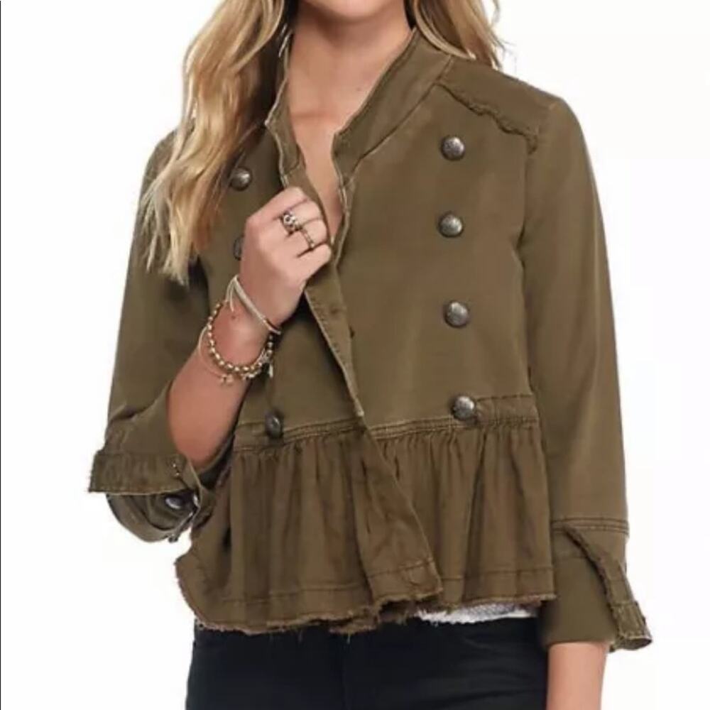 Free People green ruffled military jacket small